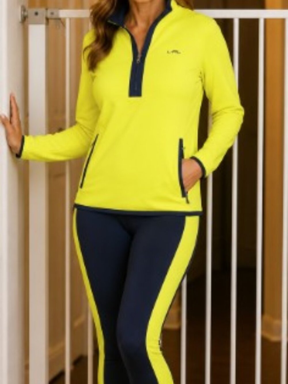 Lauren Ralph Lauren Hooded Quarter Zip Activewear Set Yellow/Navy Size Medium